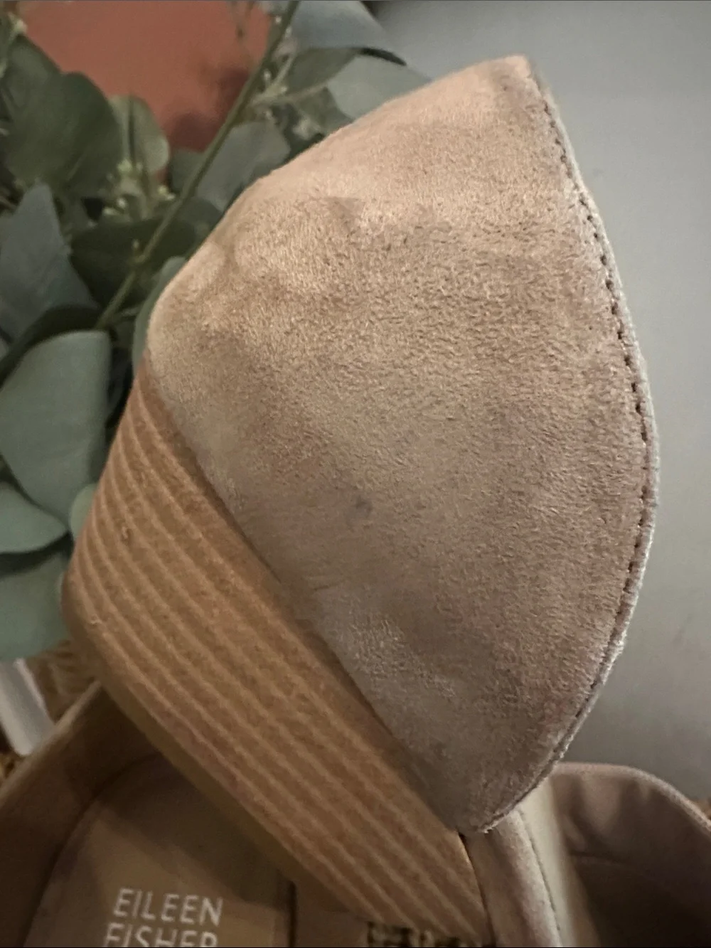 Eileen Fisher Hilly D’Orsay 7 tan suede mesh slip on 2” heel wedge shoes